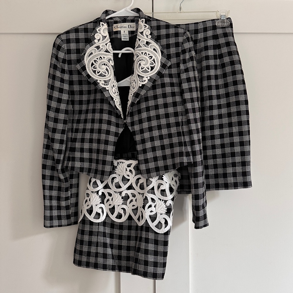 Vintage Christian Dior Black and White Checkered Blazer and Skirt Set